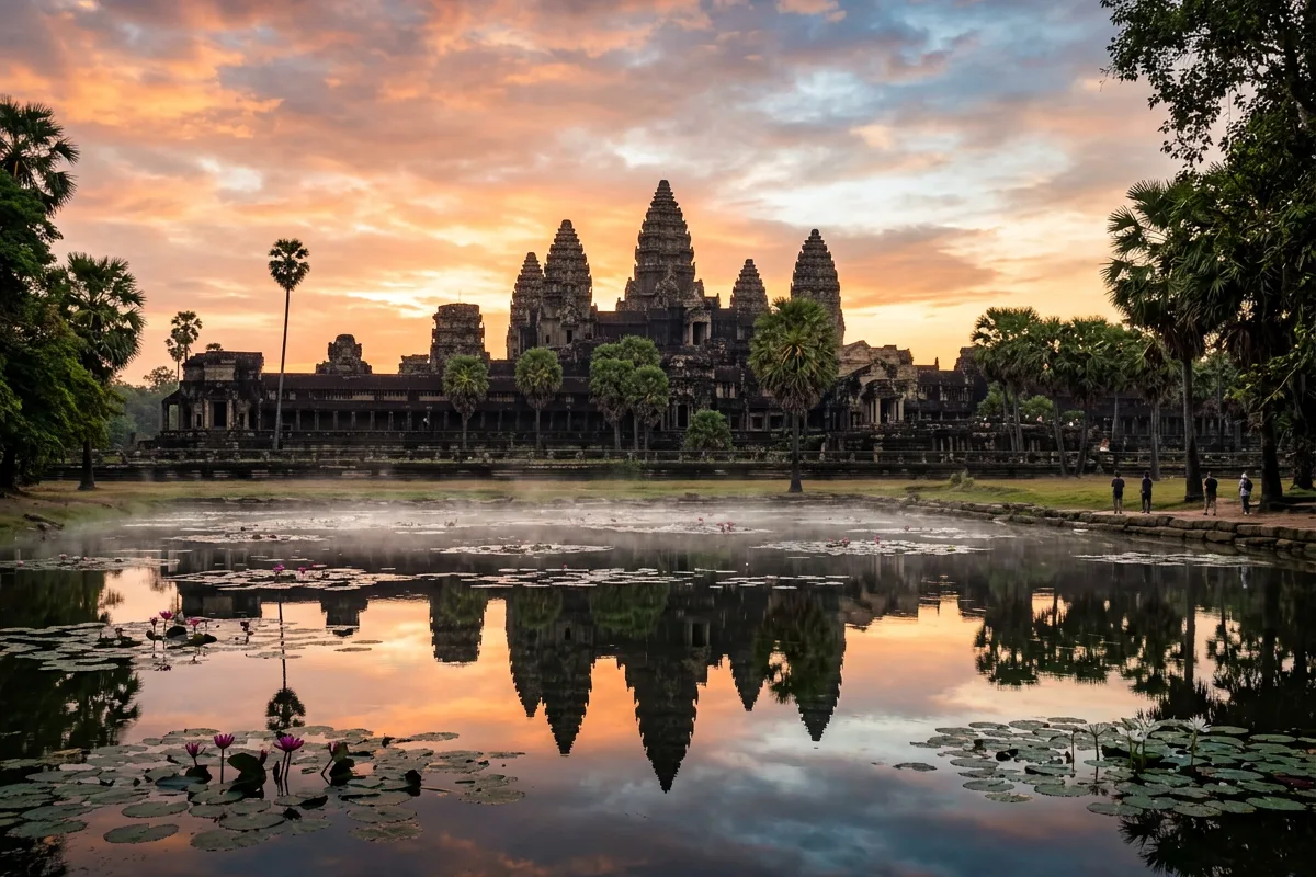 The towers of Angkor Wat reflected in the temple moat at sunrise