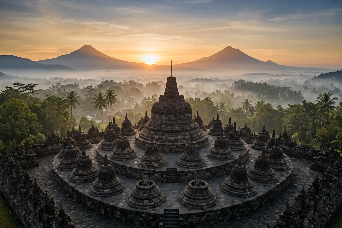 The stupas of Borobudur at sunrise with volcanoes on the horizon in Java