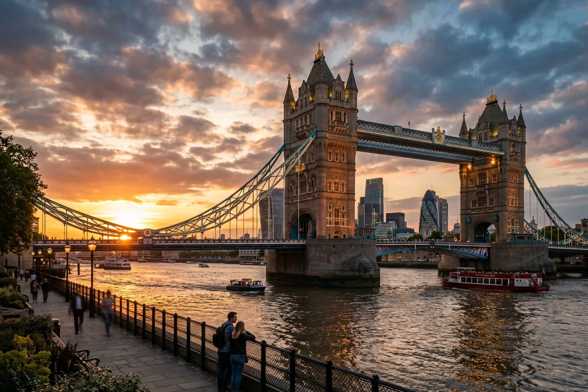 Tower Bridge over the Thames at sunset with the City of London behind