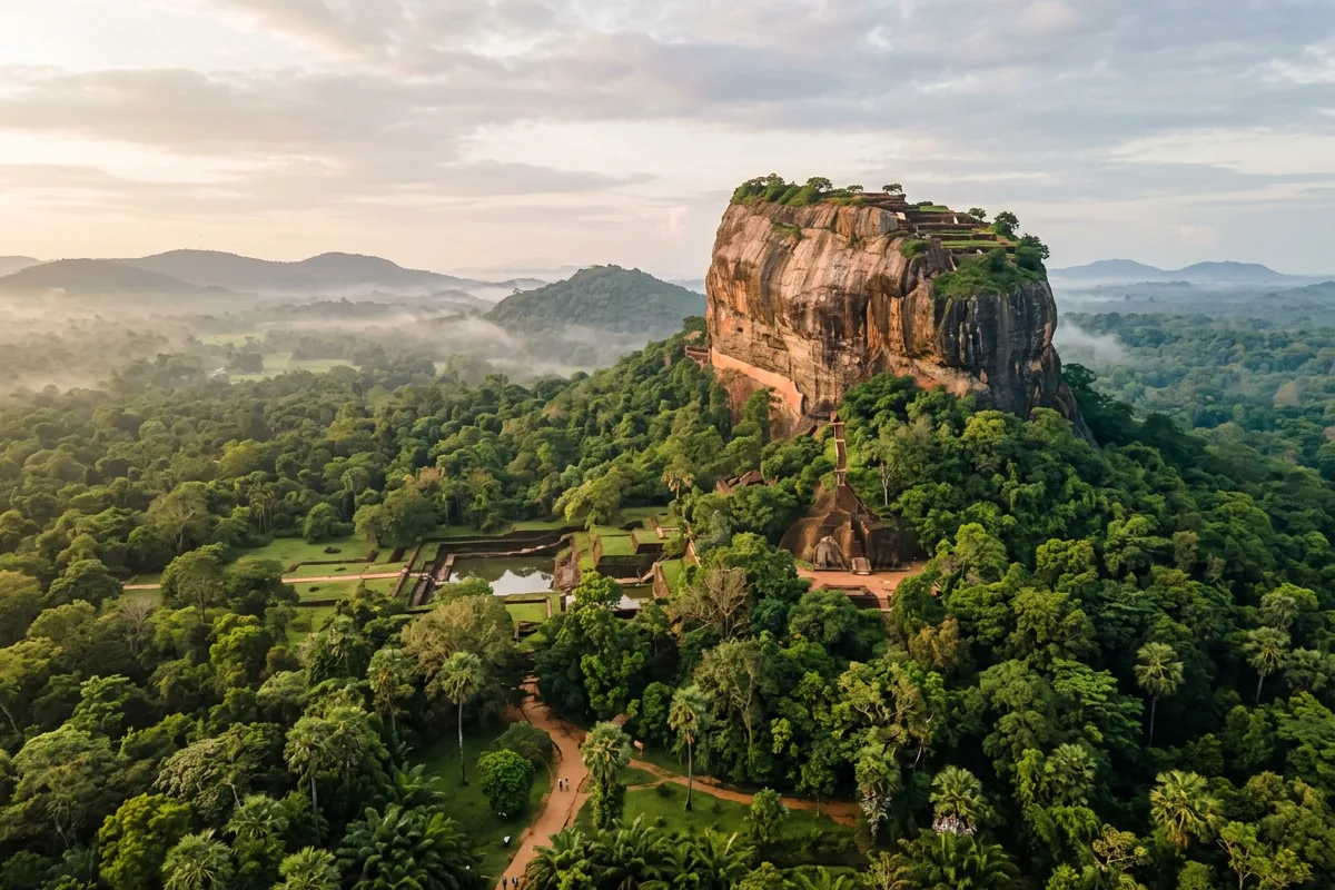 The Sigiriya rock fortress rising from forest in the Sri Lankan lowlands