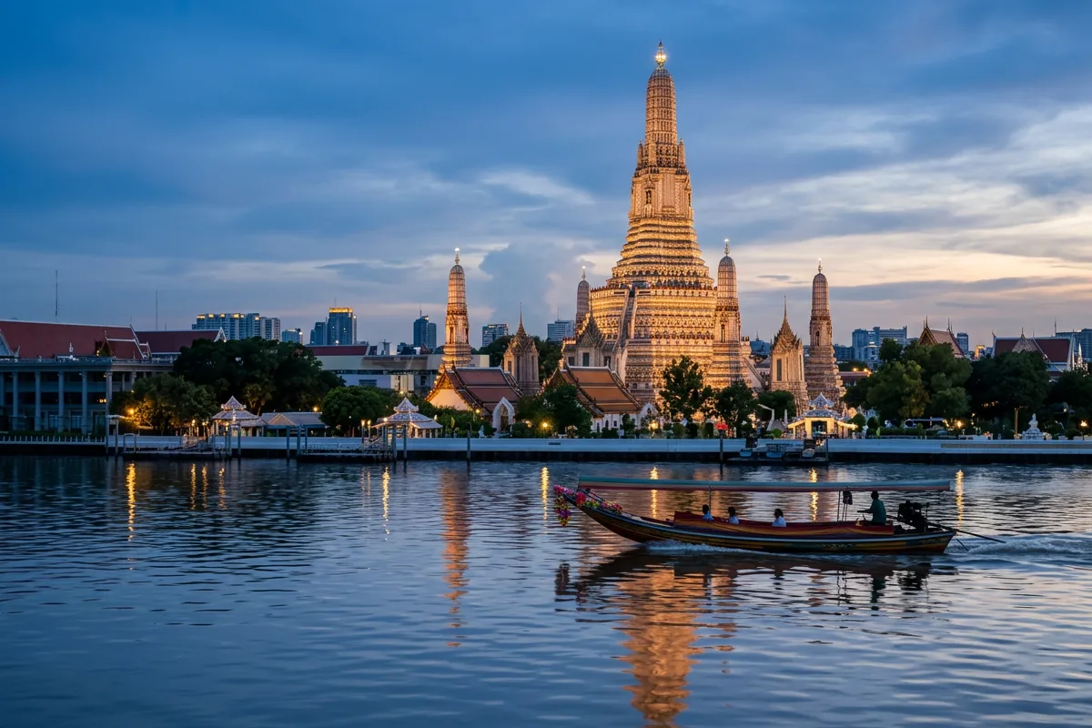 The spires of Wat Arun lit at dusk across the Chao Phraya river in Bangkok