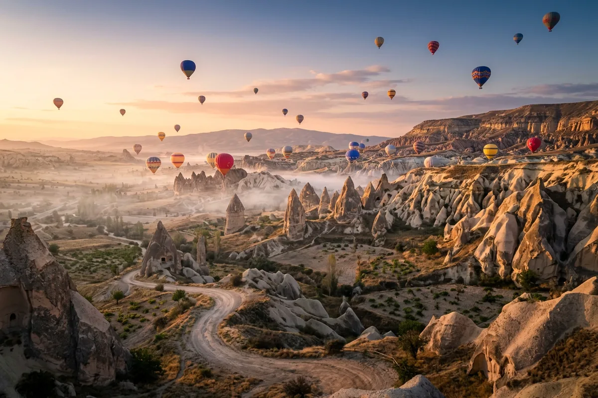 Hot air balloons rising over the rock valleys of Cappadocia at sunrise