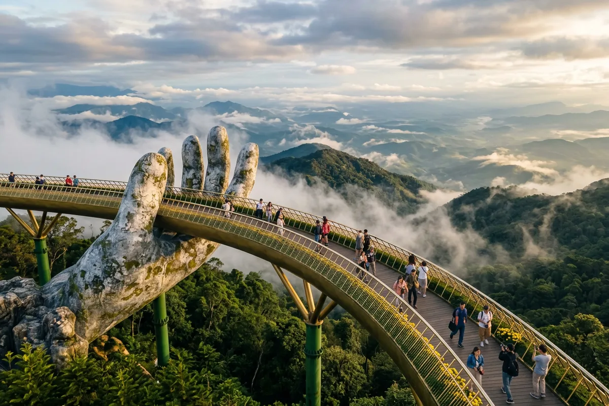 The Golden Bridge held up by two stone hands above the hills at Da Nang