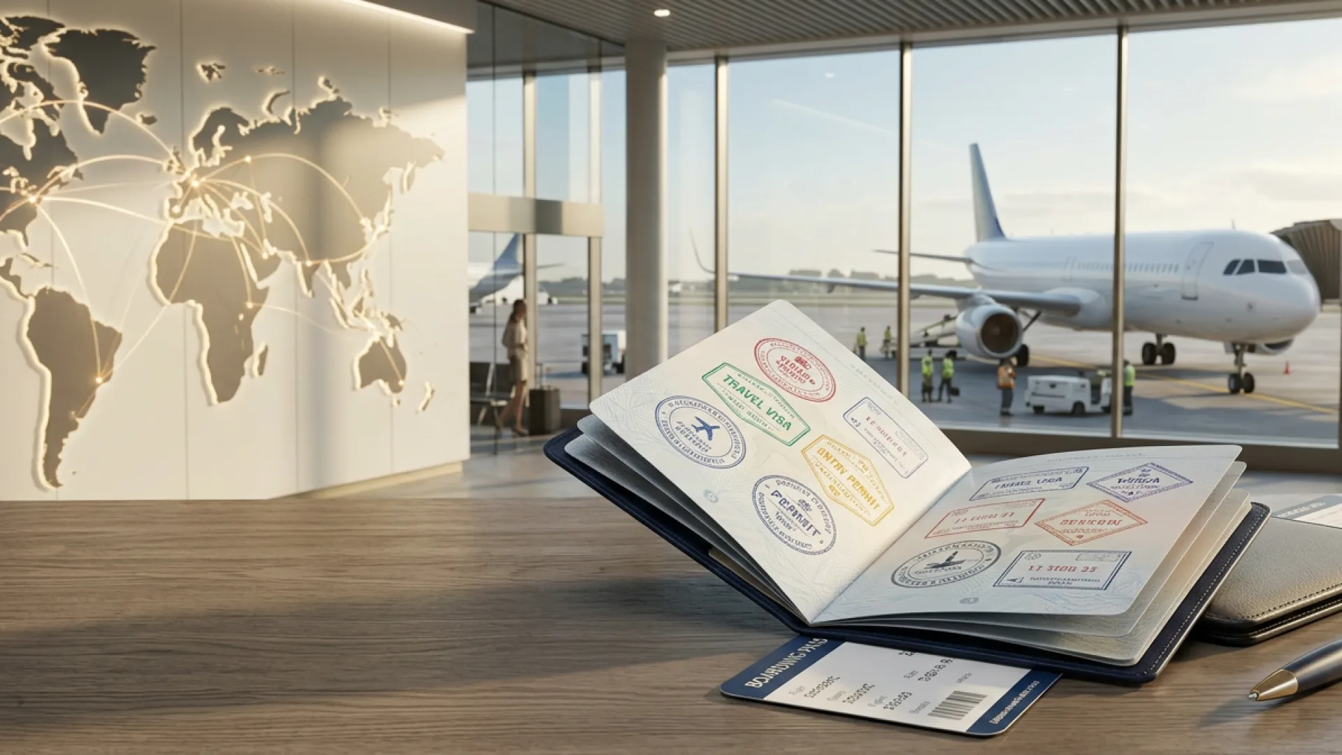 An open passport filled with visa stamps on a desk beside a boarding pass, with an aircraft at the gate beyond the window