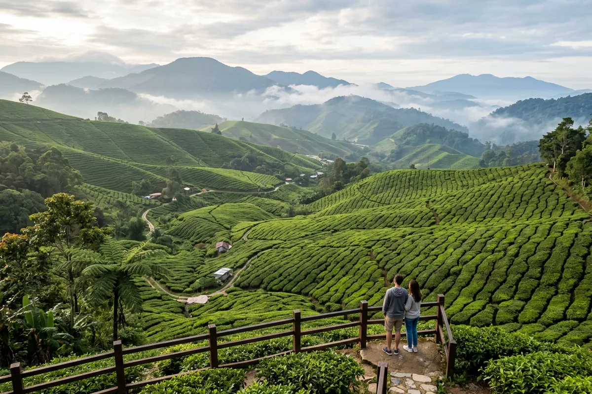 Terraced tea plantations running down the misty hills of the Cameron Highlands