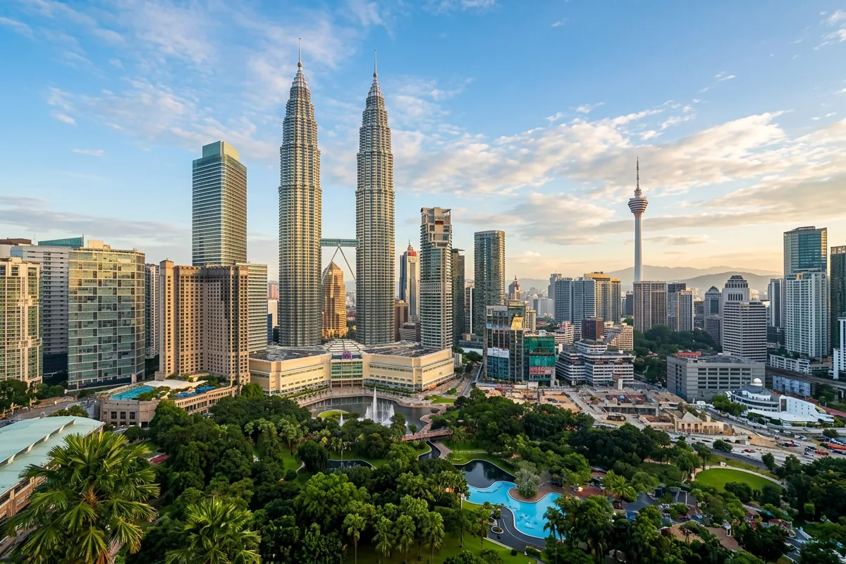 The Petronas Twin Towers and KL Tower above the city seen from the air