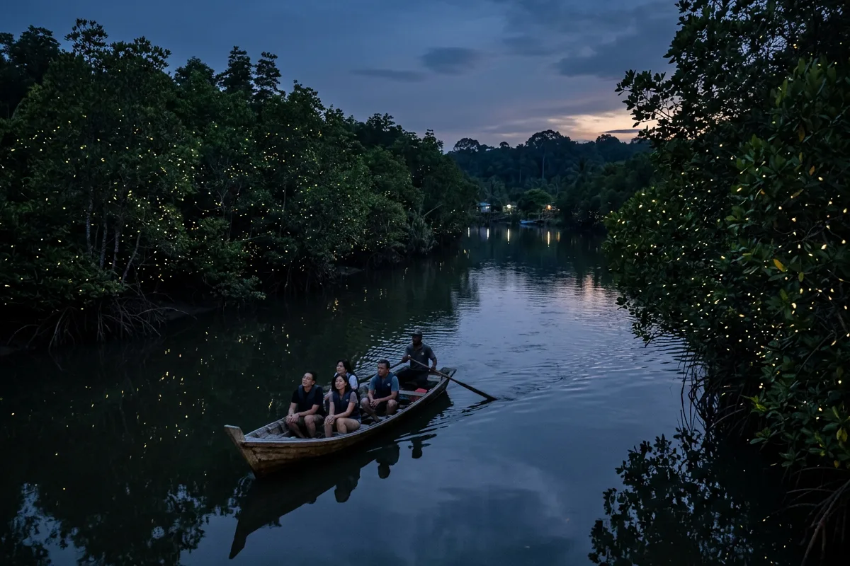 A boat carrying visitors along a mangrove river lit by fireflies at Kuala Selangor