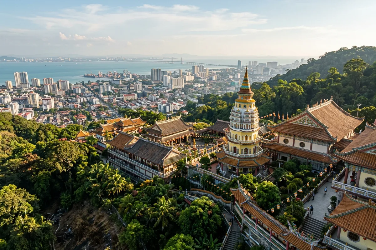 The pagoda of Kek Lok Si temple on the hillside above George Town in Penang