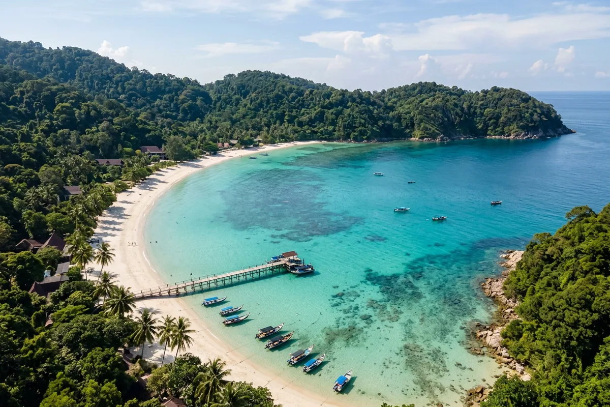 A crescent bay with a jetty and longtail boats moored over clear water at the Perhentian Islands