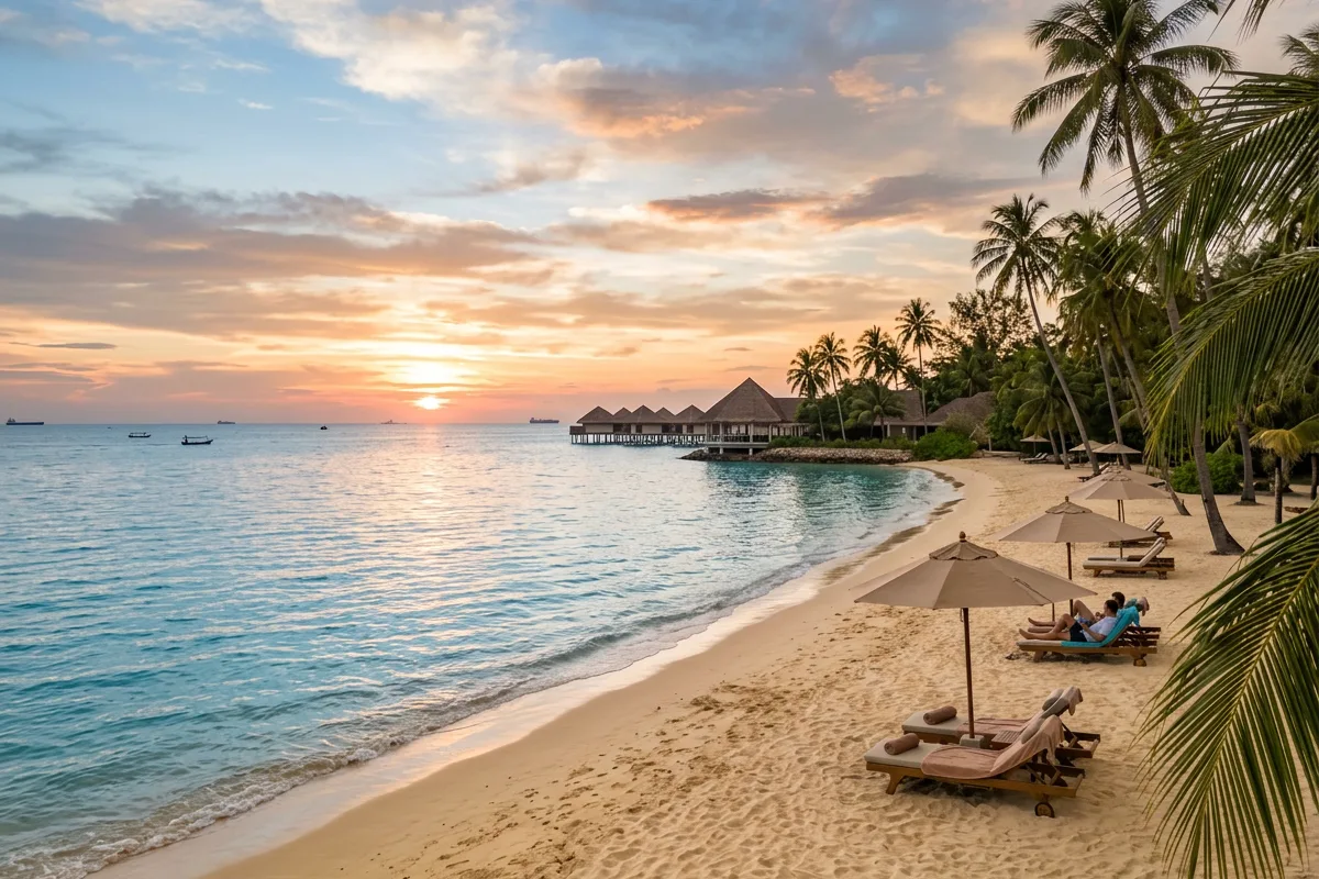 Water chalets and sun loungers on a calm beach at sunset at Port Dickson