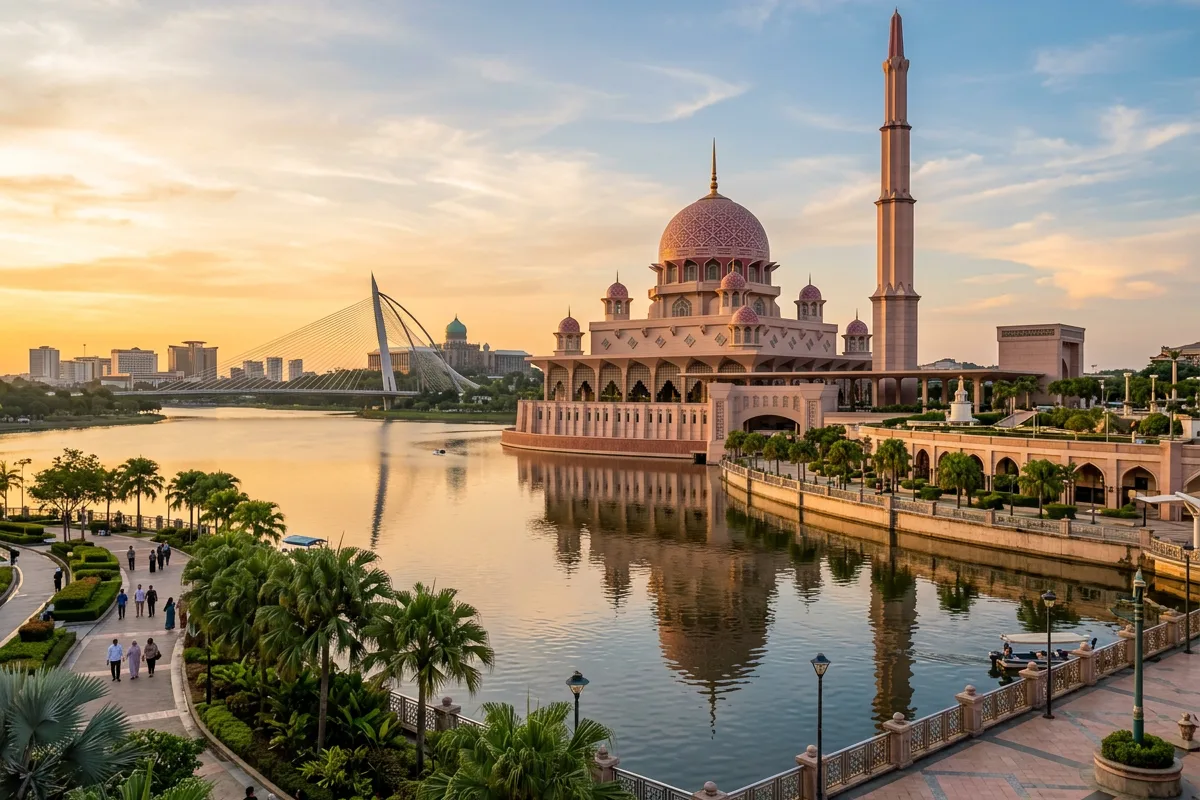 The pink dome of the Putra Mosque reflected in the lake at Putrajaya at sunset