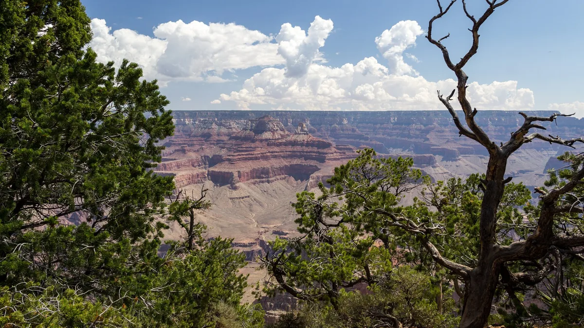 The layered walls of the Grand Canyon seen from the south rim at sunset